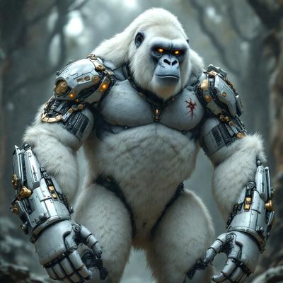 The primary subject of the image is a large, robotic gorilla with a silver body and a glowing red eye. The gorilla is standing in a forest, surrounded by trees. The visual style of the image is digital art, with the robotic gorilla being the main focus. The colors and mood of the image are dark and mysterious, with the gorilla's red eye adding a touch of danger to the scene.